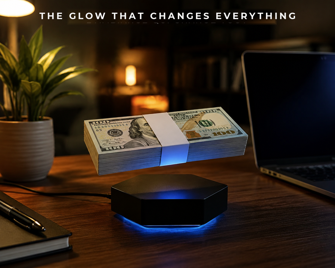 Money Stack lamp glowing on a desk at night