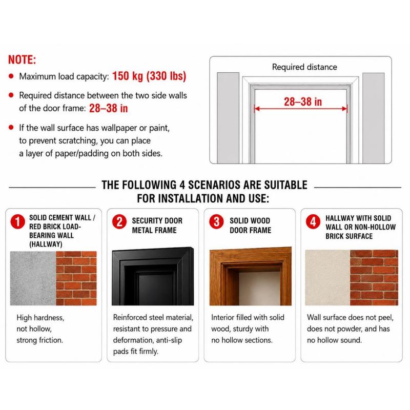 Manufacturer installation guide and required doorway width