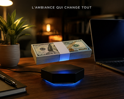 Lampe Money Stack allumée sur un bureau, ambiance chaude