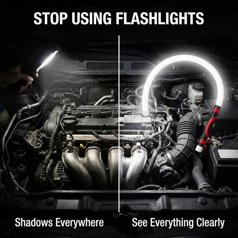 An engine bay lit by a torch and by the FlexBeam
