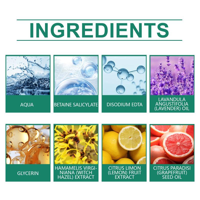 Ingredients: water, betaine salicylate, glycerin, lavender, witch hazel