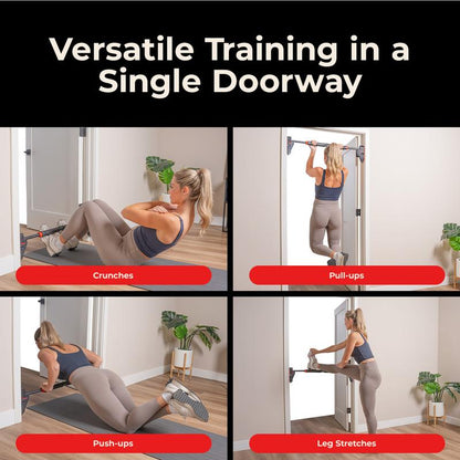 Pull-ups, crunches, push-ups and leg stretches in one doorway