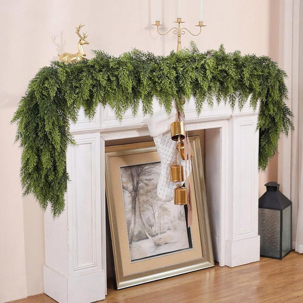 Everpine cedar garland draped over a white mantel