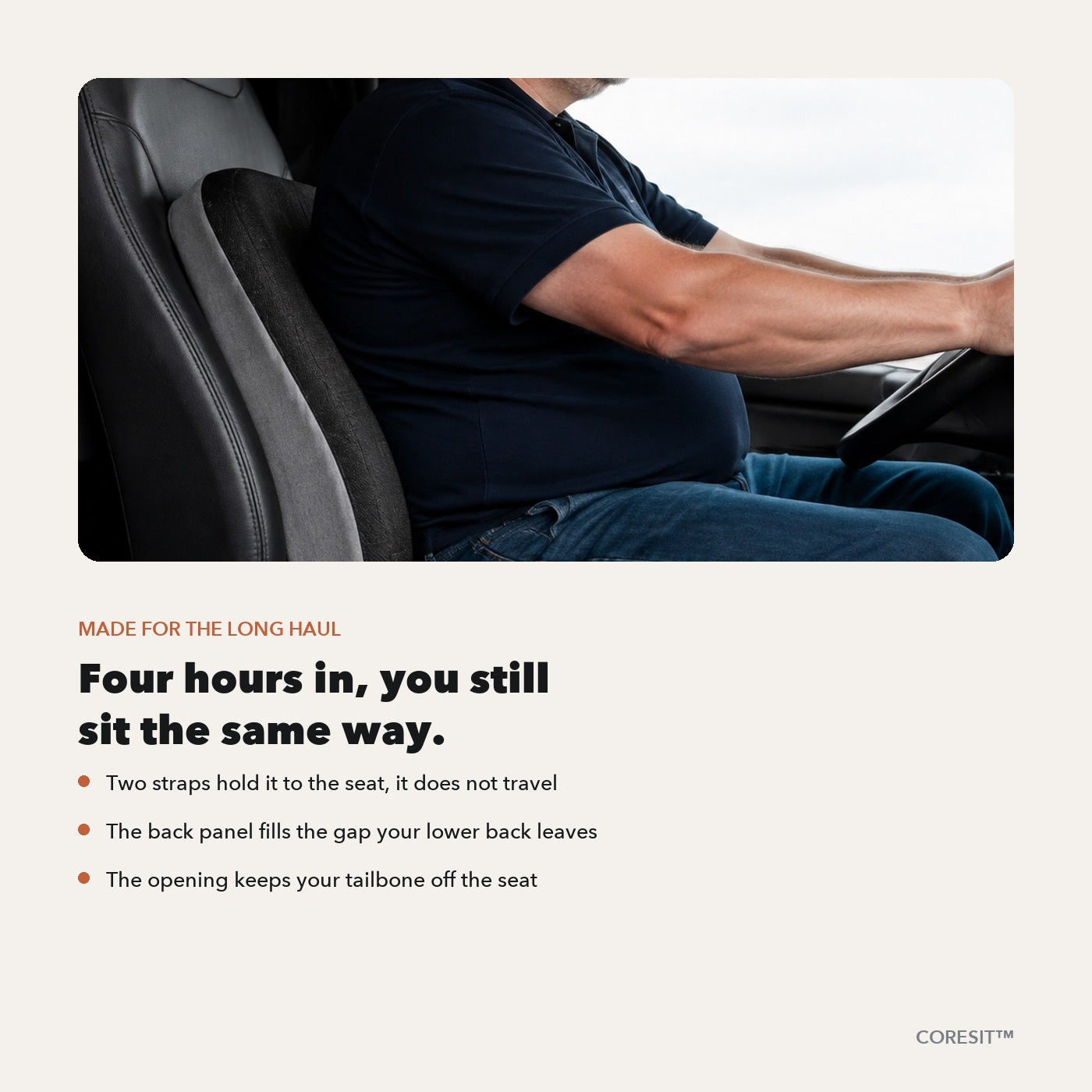 CoreSit on a truck seat, made for long drives