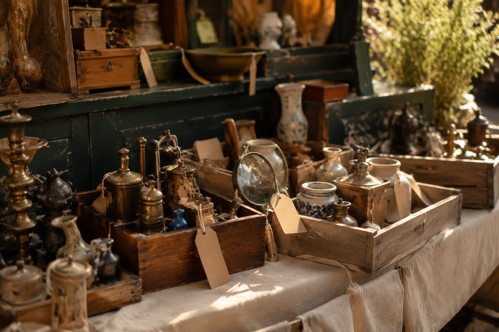 Étal de brocante, objets chinés